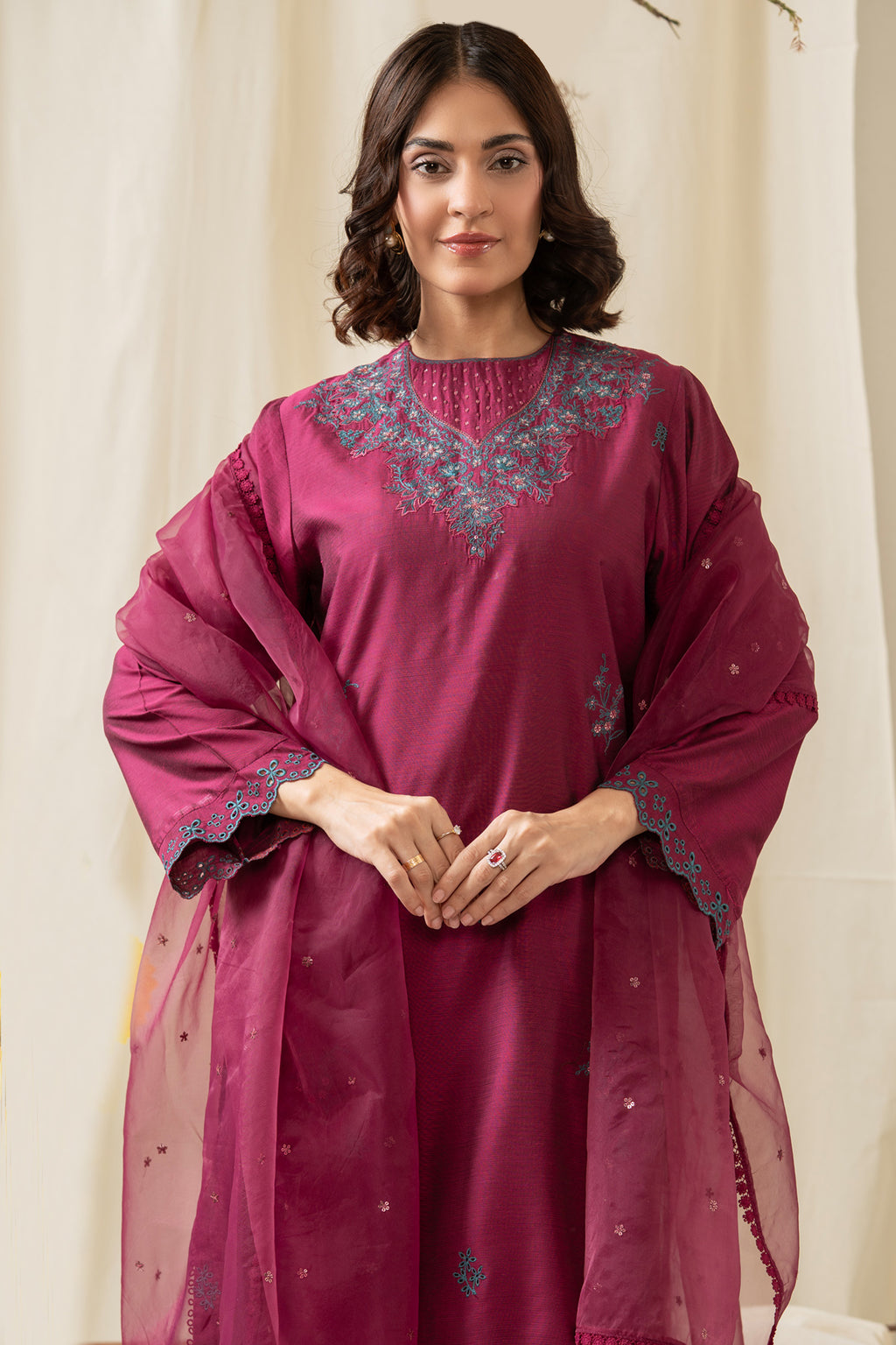 EMBROIDERED COTTON SILK STITCHED 3 PIECE SUIT