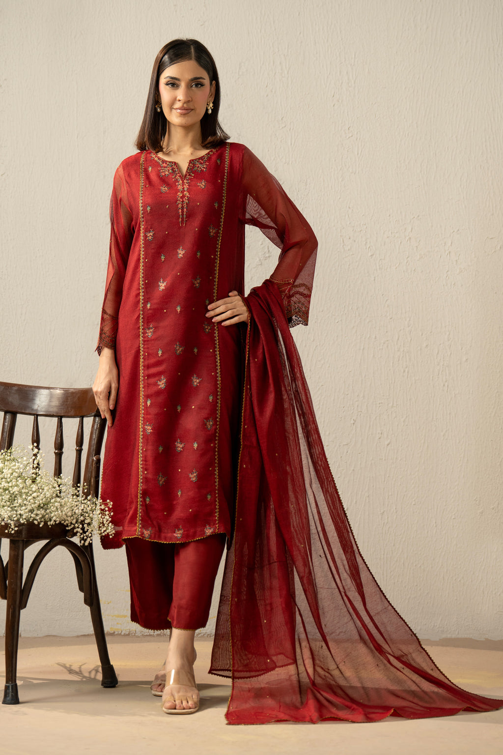 EMBROIDERED KHAADI NET STITCHED 3 PIECE SUIT