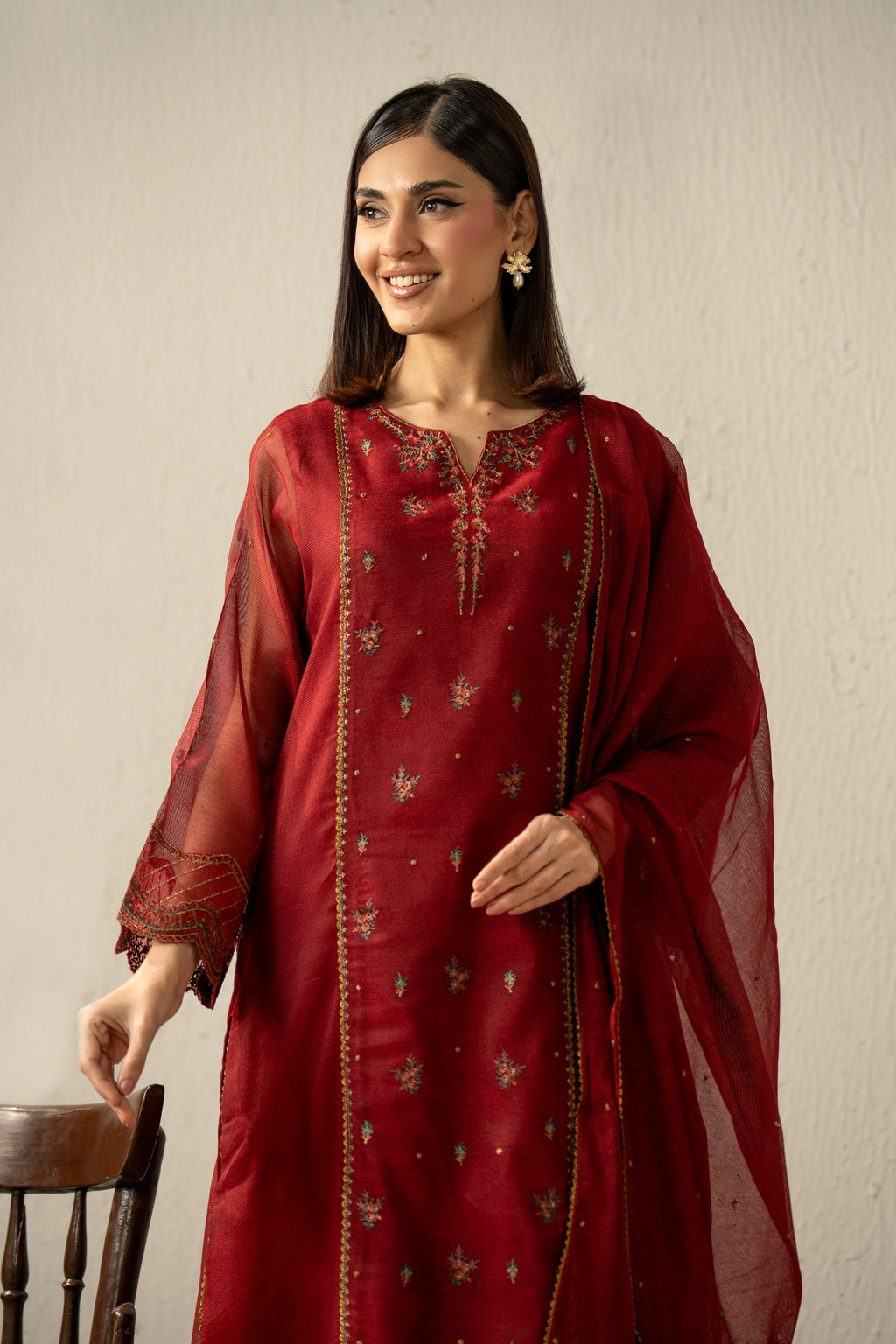 EMBROIDERED KHAADI NET STITCHED 3 PIECE SUIT