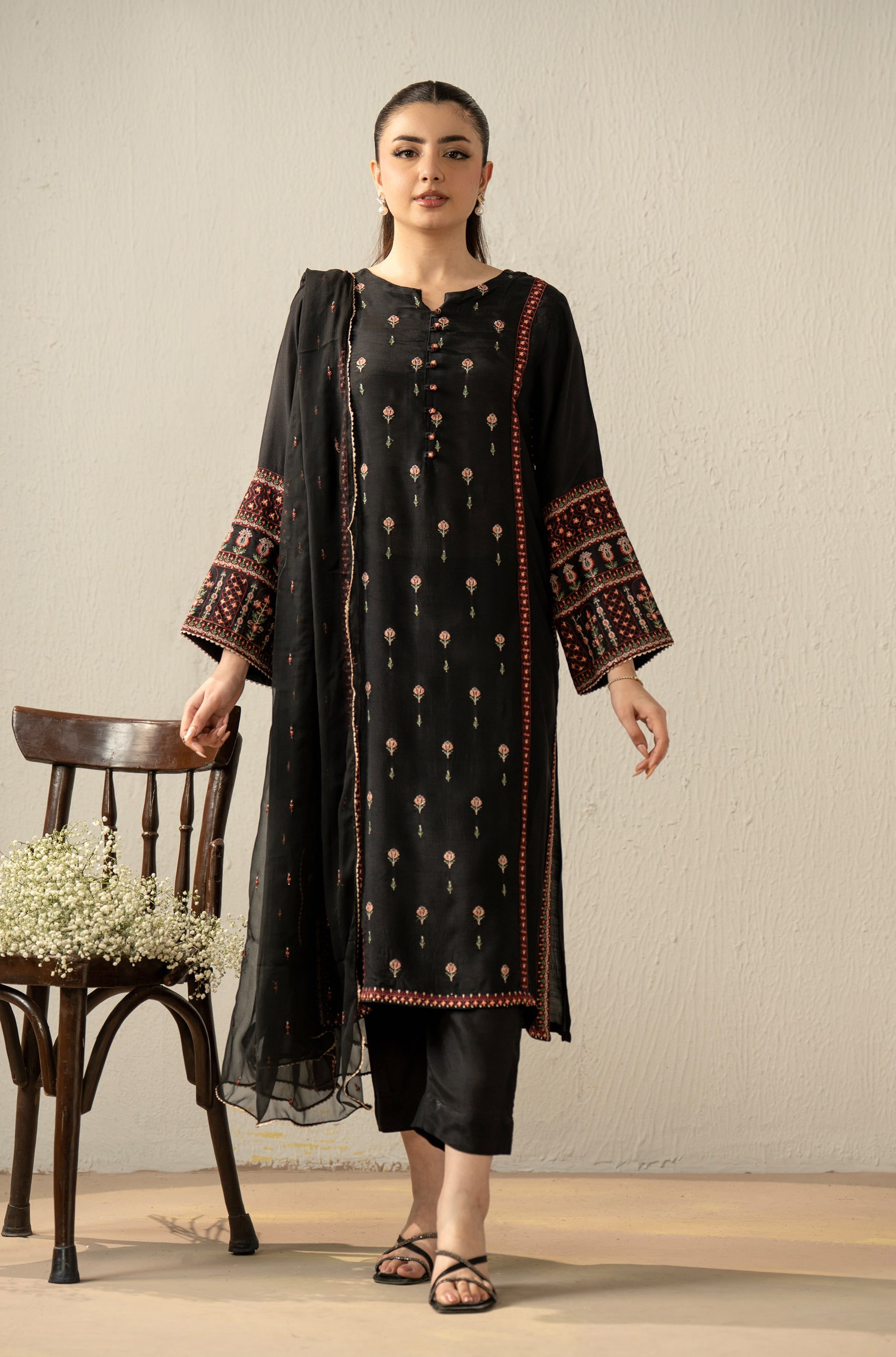 EMBROIDERED RAW SILK STITCHED 3 PIECE SUIT (FACTORY E-OUTLET)