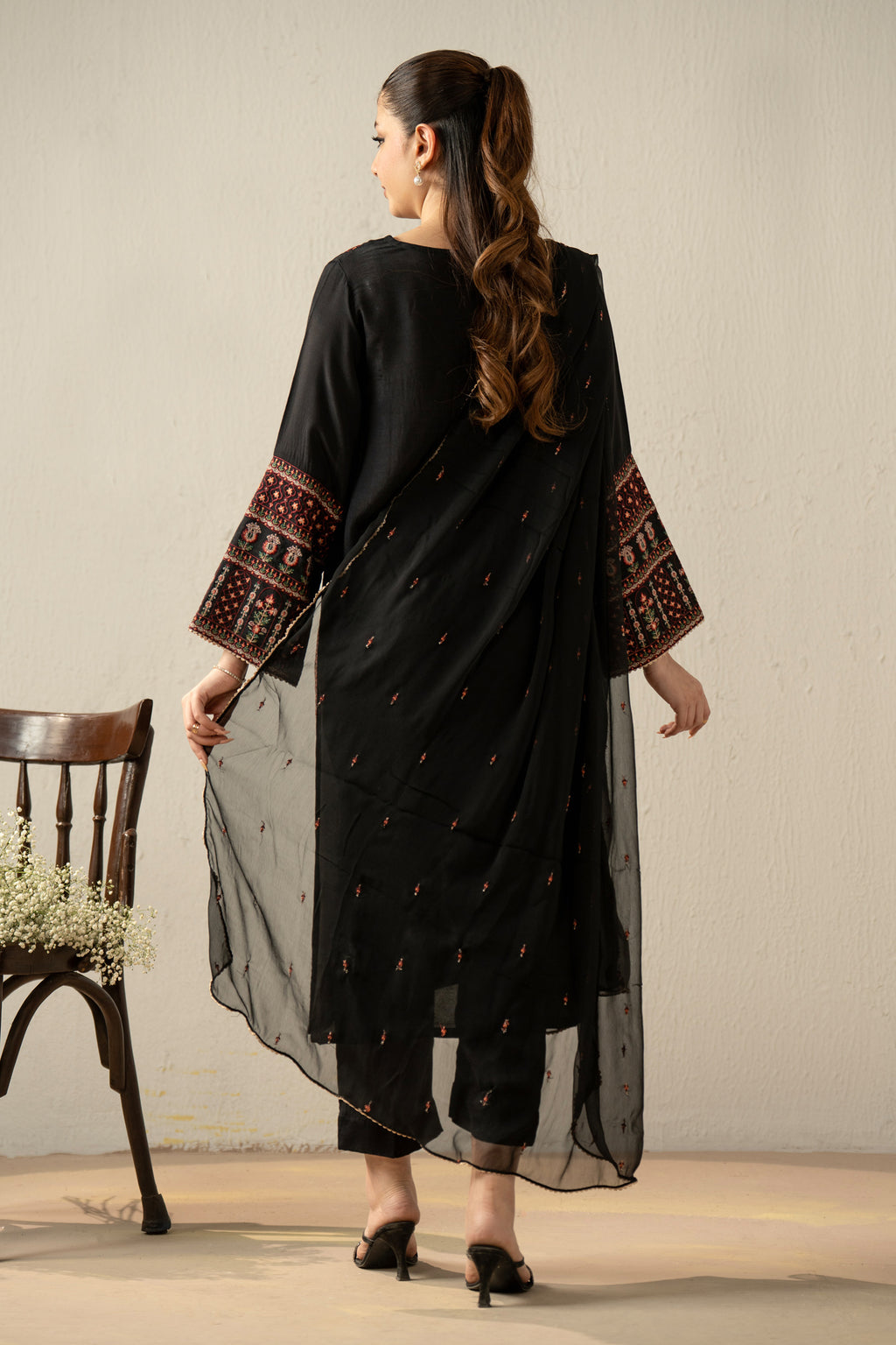 EMBROIDERED RAW SILK STITCHED 3 PIECE SUIT