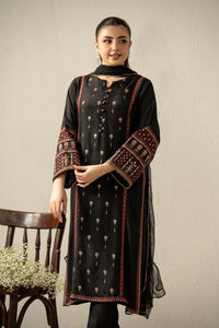 EMBROIDERED RAW SILK STITCHED 3 PIECE SUIT