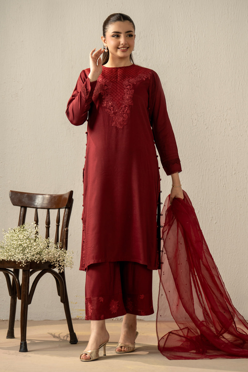 EMBROIDERED RAW SILK STITCHED 3 PIECE SUIT