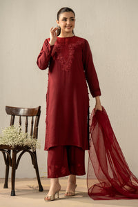 EMBROIDERED RAW SILK STITCHED 3 PIECE SUIT