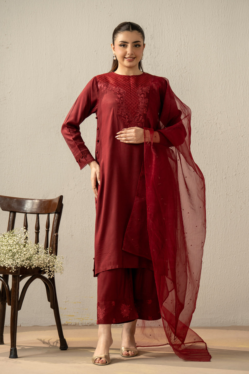 EMBROIDERED RAW SILK STITCHED 3 PIECE SUIT