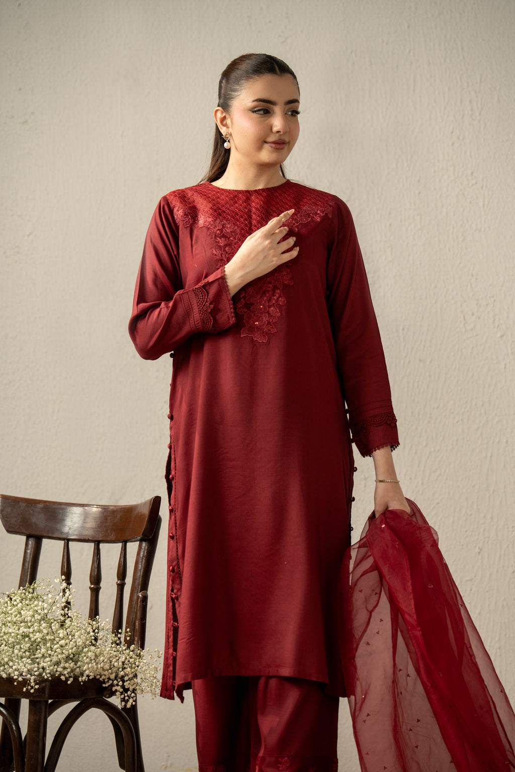 EMBROIDERED RAW SILK STITCHED 3 PIECE SUIT