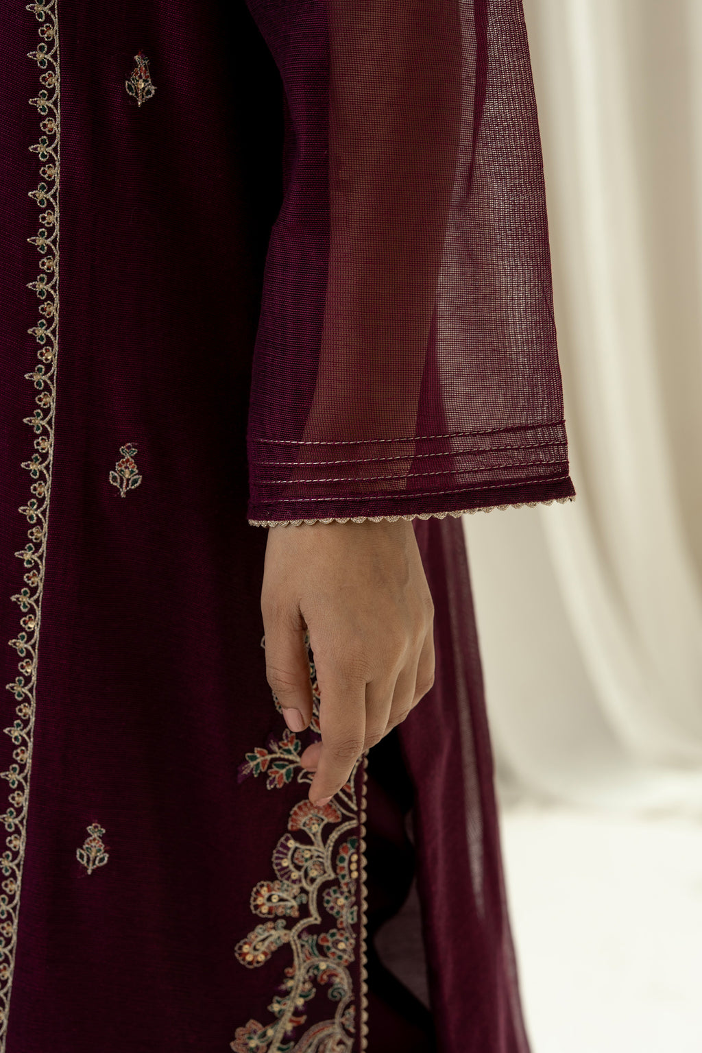 EMBROIDERED KHADDI NET STITCHED 3 PIECE SUIT