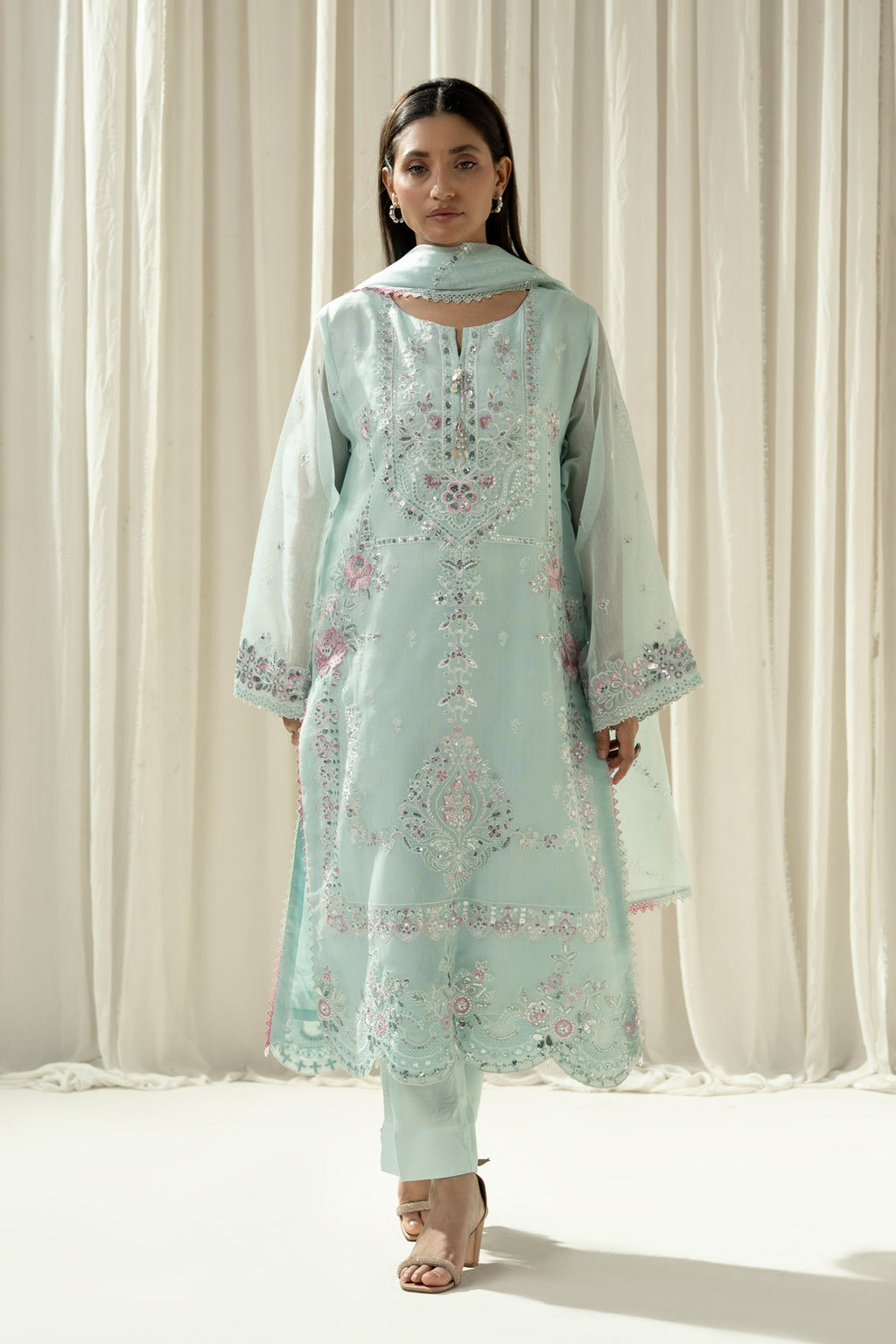 EMBROIDERED COTTON NET STITCHED 3 PIECE SUIT