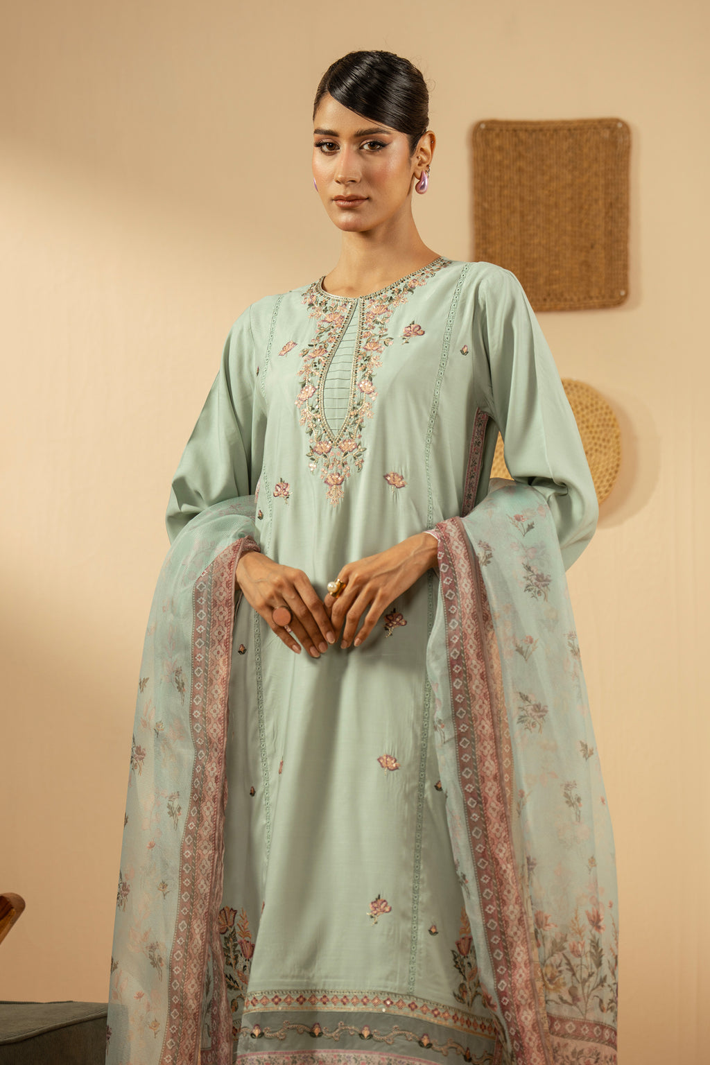 EMBROIDERED RAW SILK STITCHED 3 PIECE SUIT
