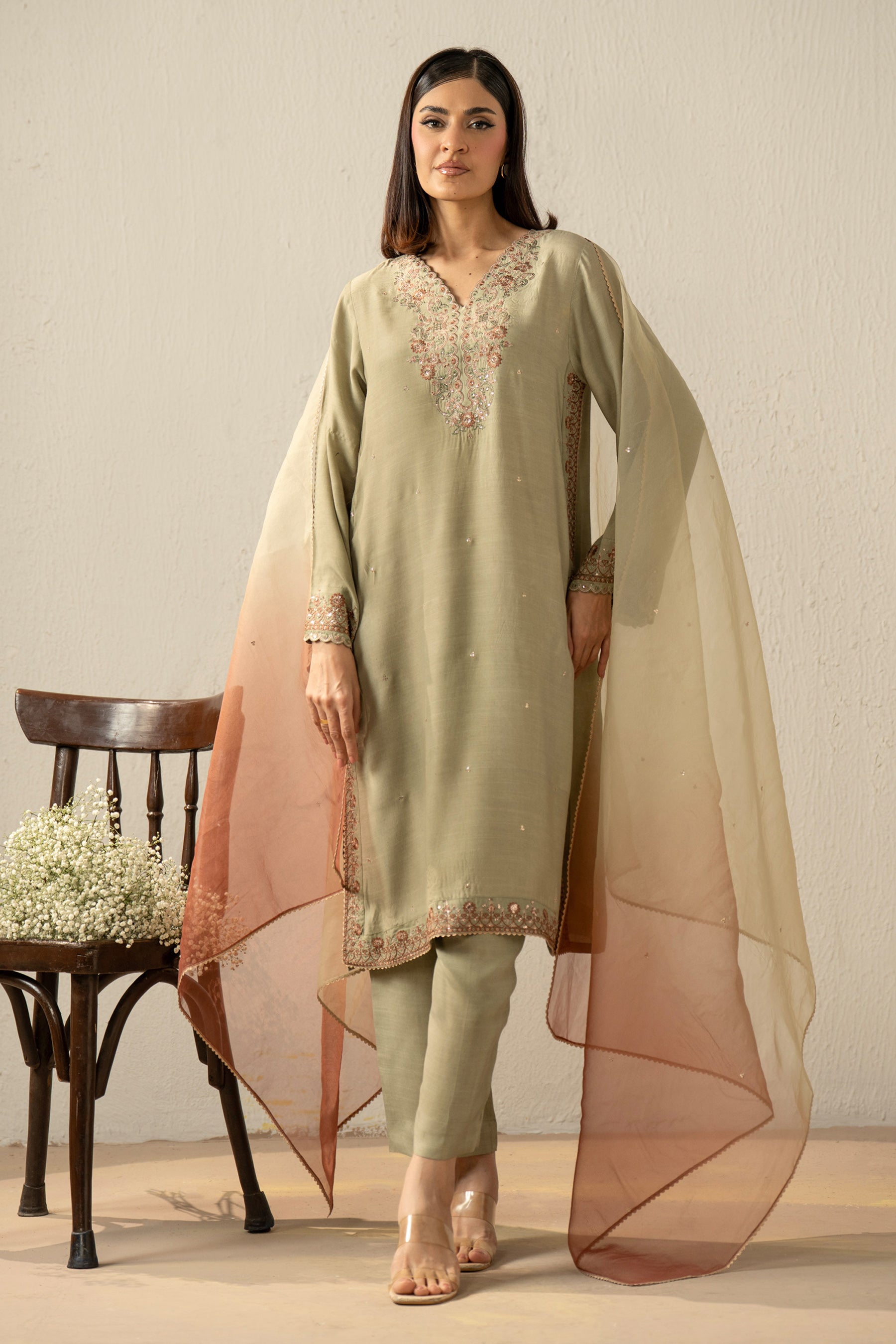 EMBROIDERED RAW SILK STITCHED 3 PIECE SUIT