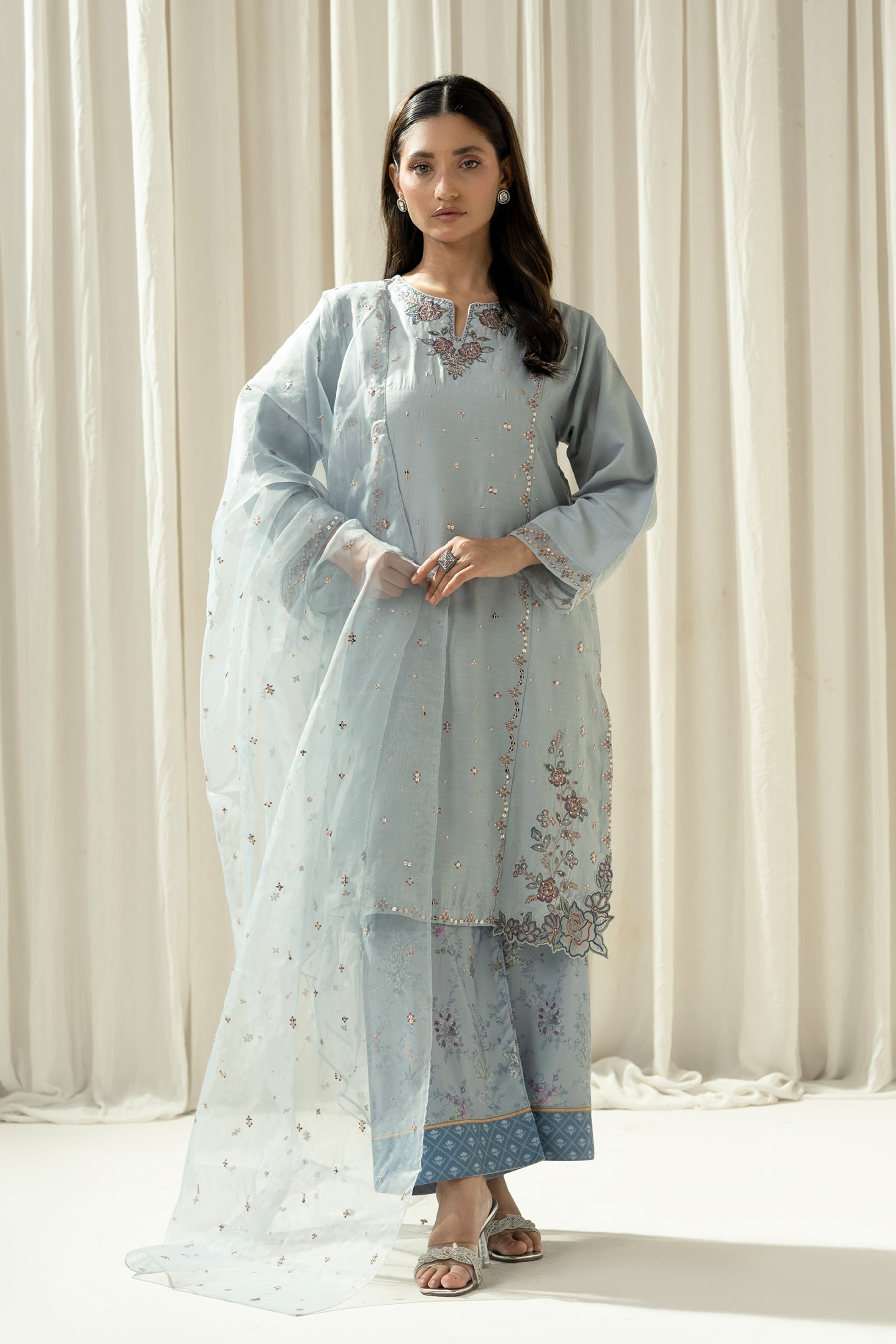 EMBROIDERED RAW SILK STITCHED 3 PIECE SUIT