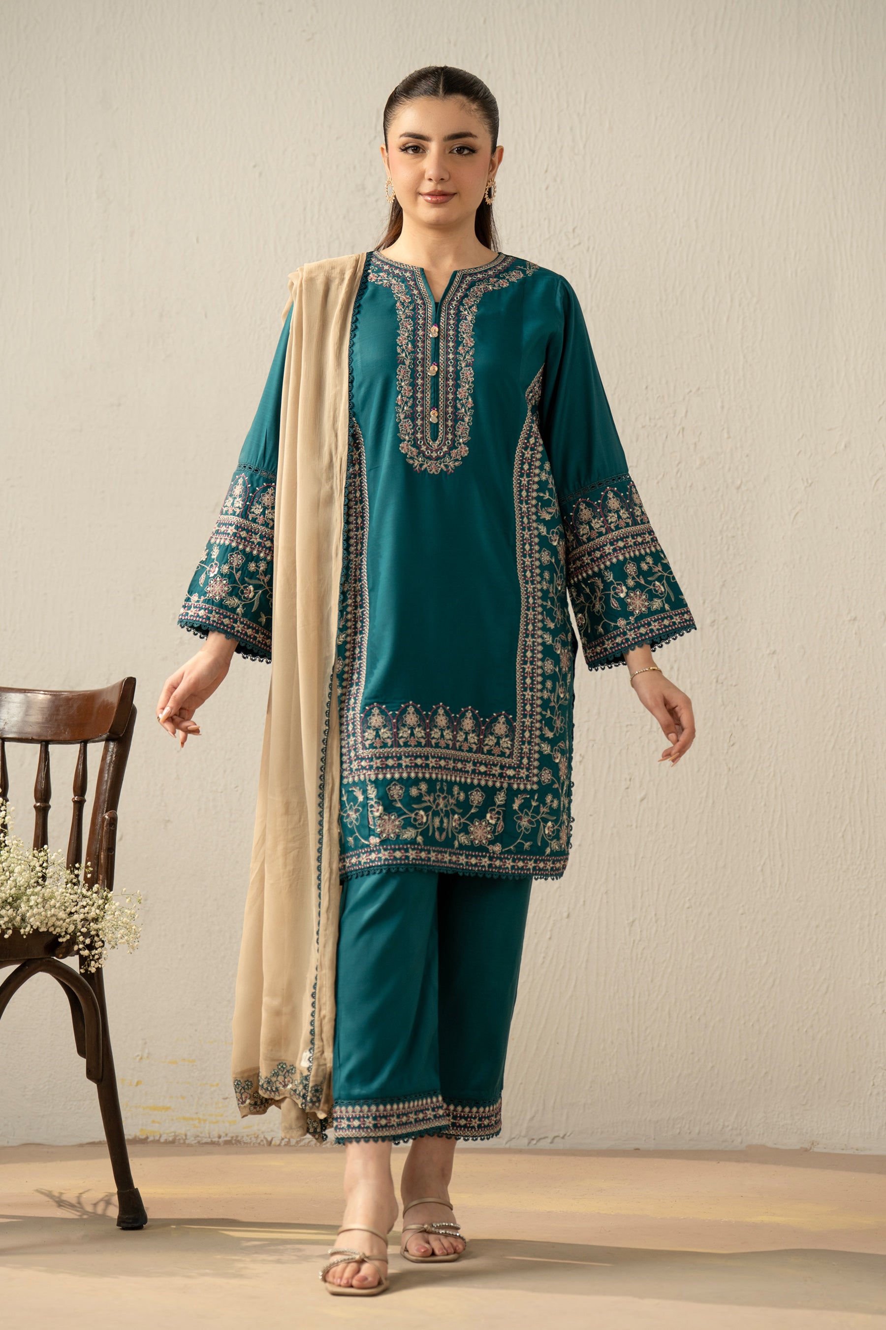 EMBROIDERED RAW SILK STITCHED 3 PIECE SUIT
