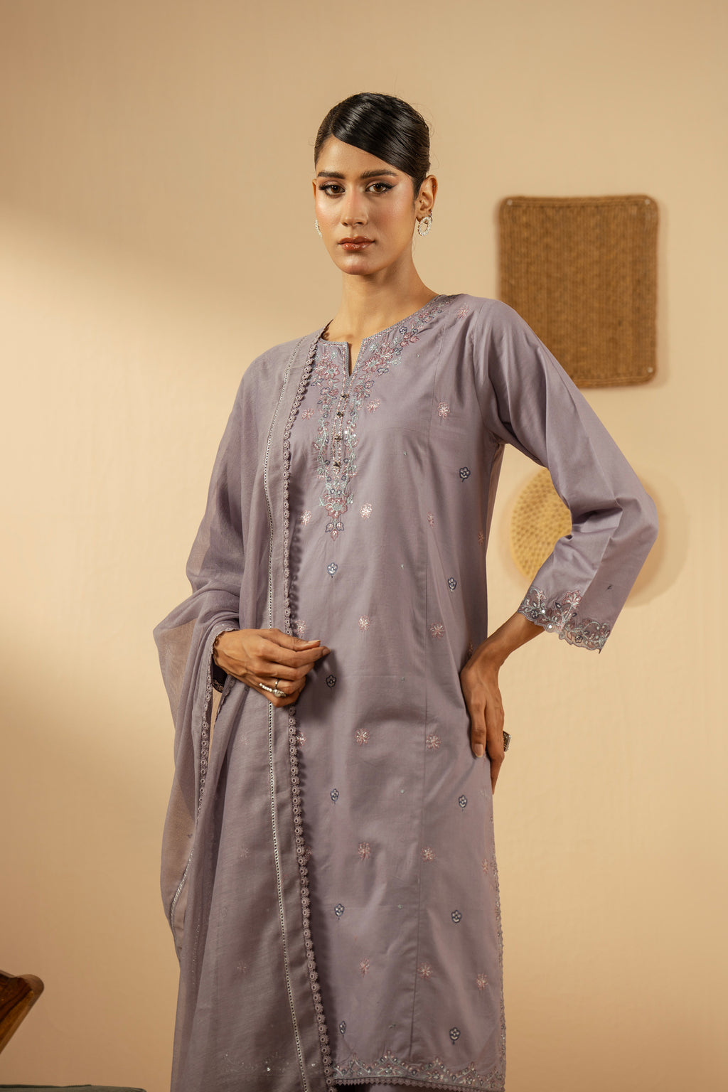EMBROIDERED CAMBRIC STITCHED 3 PIECE SUIT