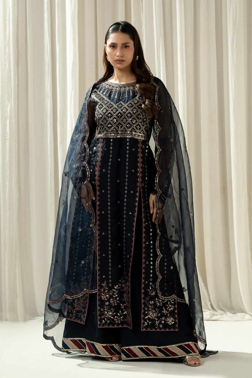 EMBROIDERED ORGANZA STITCHED 3 PIECE SUIT