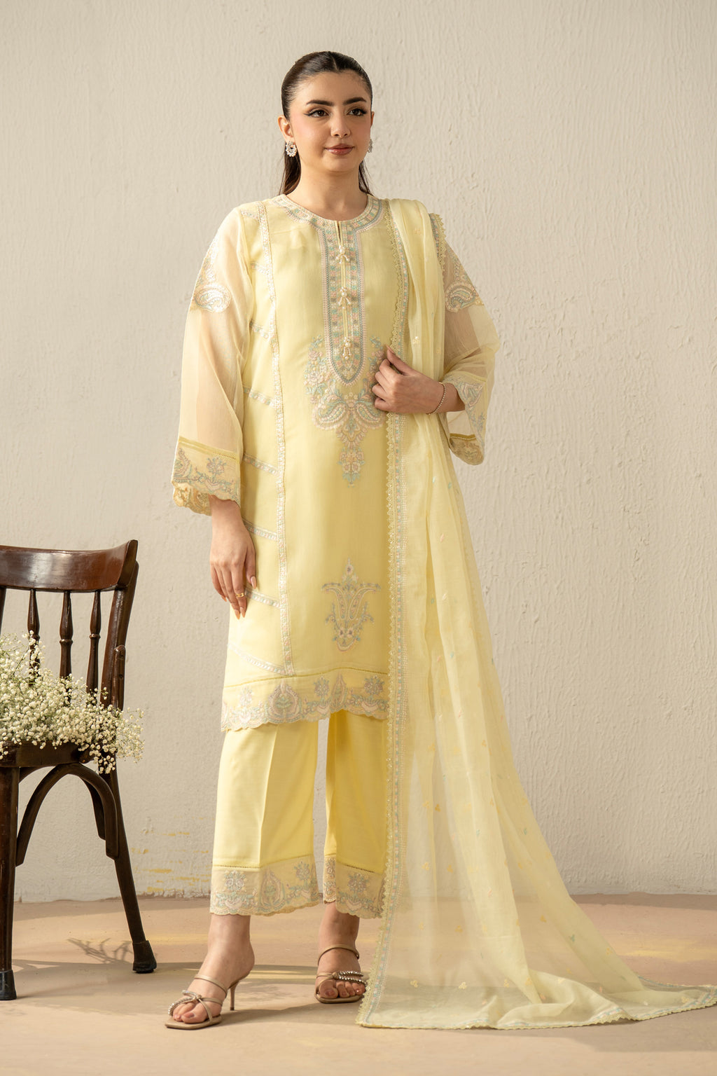 EMBROIDERED KHADDI NET STITCHED 3 PIECE SUIT