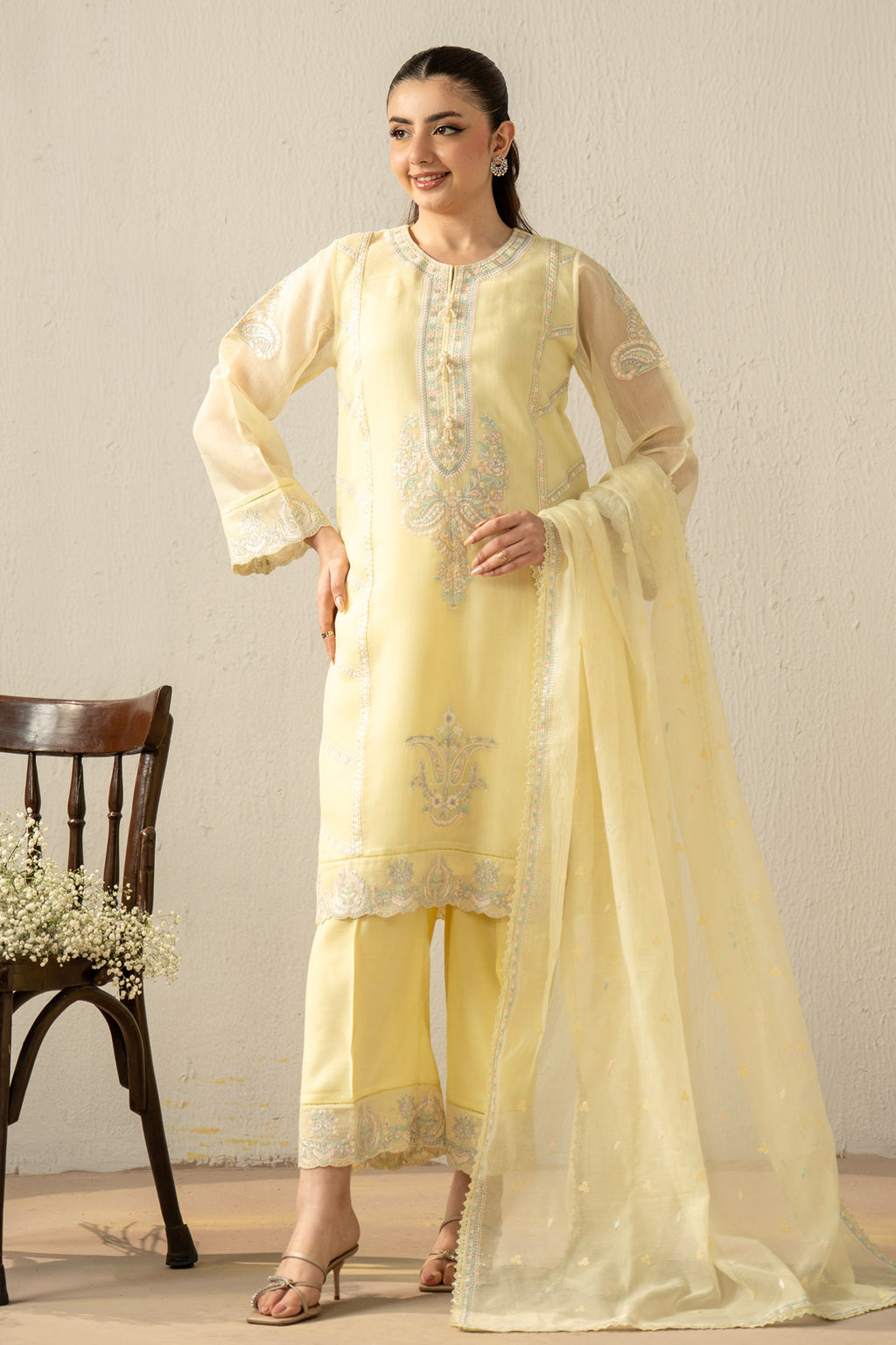 EMBROIDERED KHADDI NET STITCHED 3 PIECE SUIT