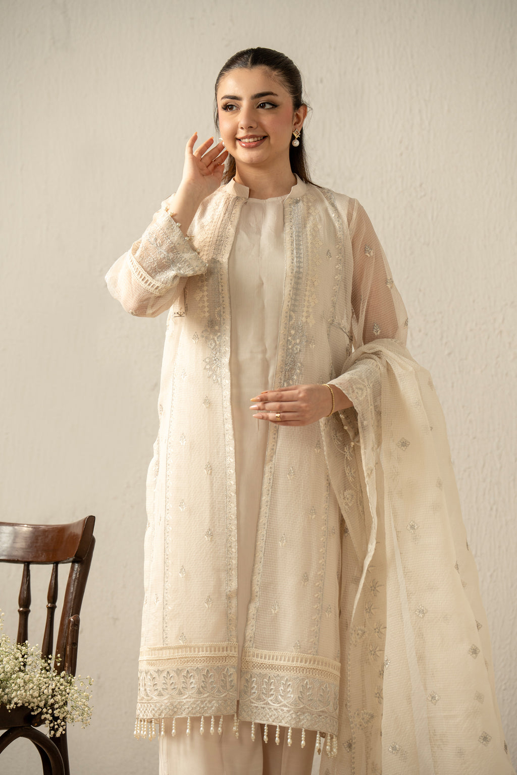 EMBROIDERED ORGANZA STITCHED 3 PIECE SUIT