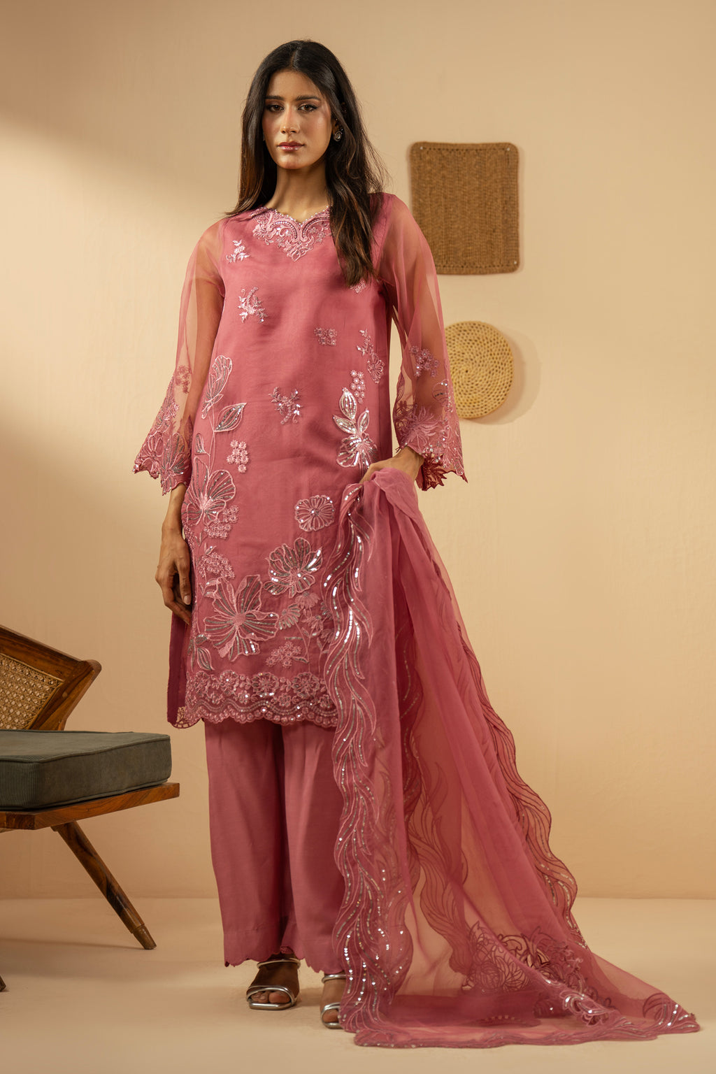 EMBROIDERED ORGANZA STITCHED 3 PIECE SUIT