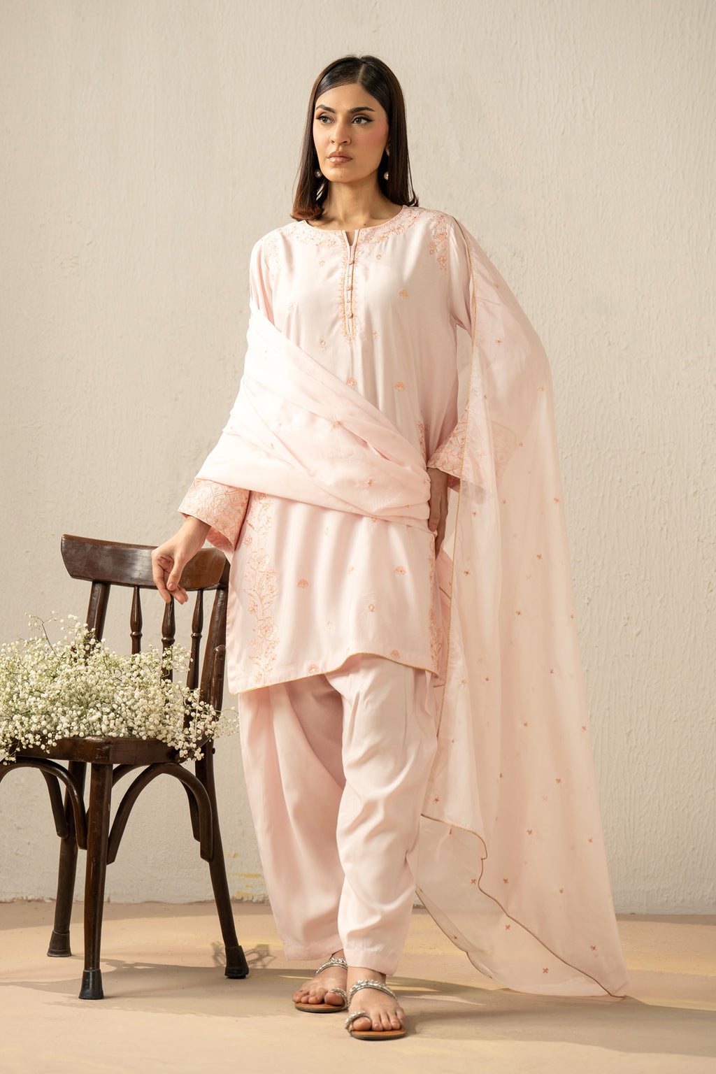 EMBROIDERED RAW SILK STITCHED 3 PIECE SUIT