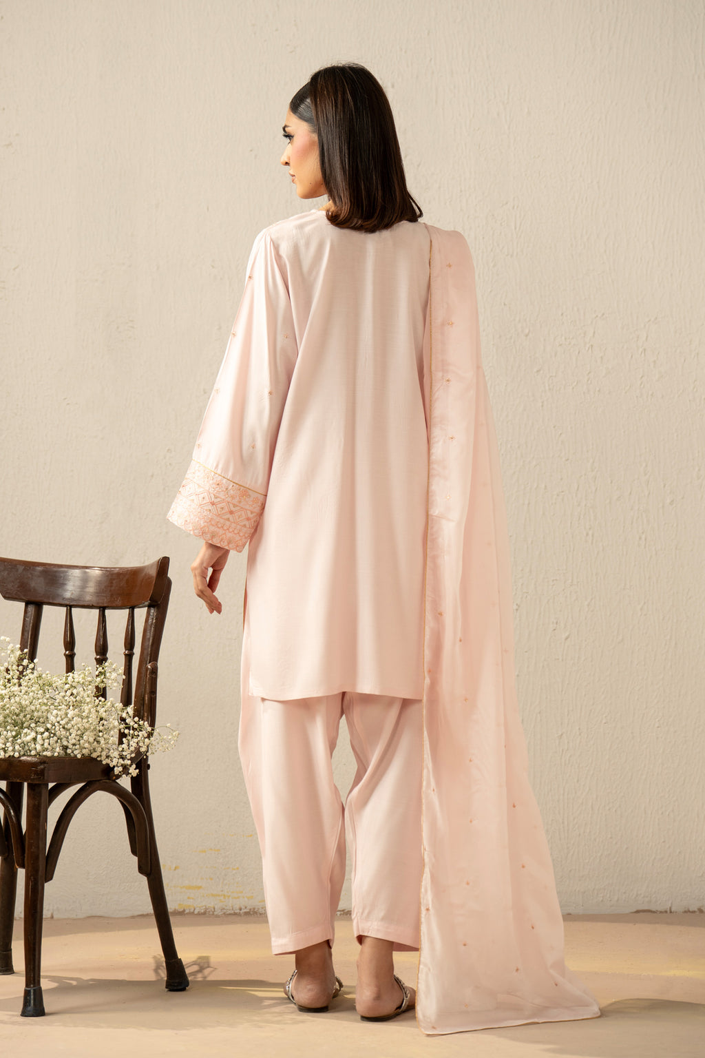 EMBROIDERED RAW SILK STITCHED 3 PIECE SUIT
