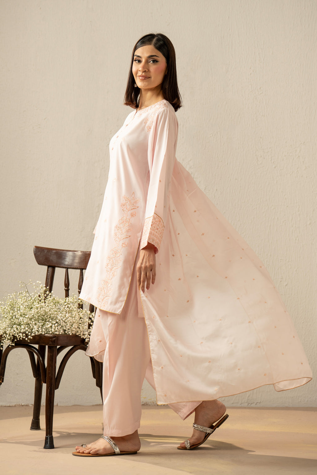EMBROIDERED RAW SILK STITCHED 3 PIECE SUIT