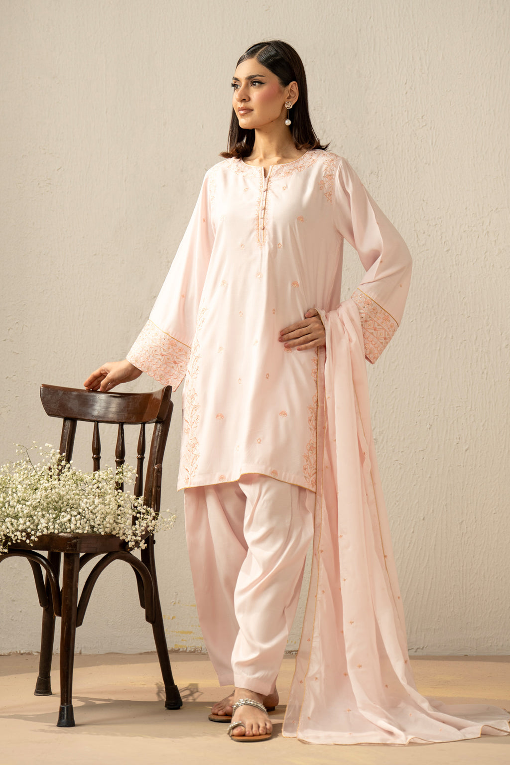EMBROIDERED RAW SILK STITCHED 3 PIECE SUIT