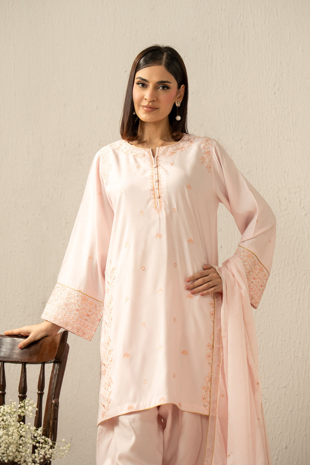 EMBROIDERED RAW SILK STITCHED 3 PIECE SUIT