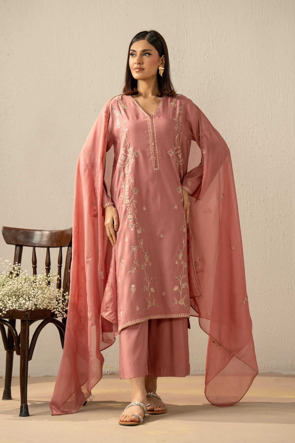 EMBROIDERED RAW SILK STITCHED 3 PIECE SUIT