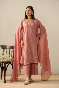 EMBROIDERED RAW SILK STITCHED 3 PIECE SUIT