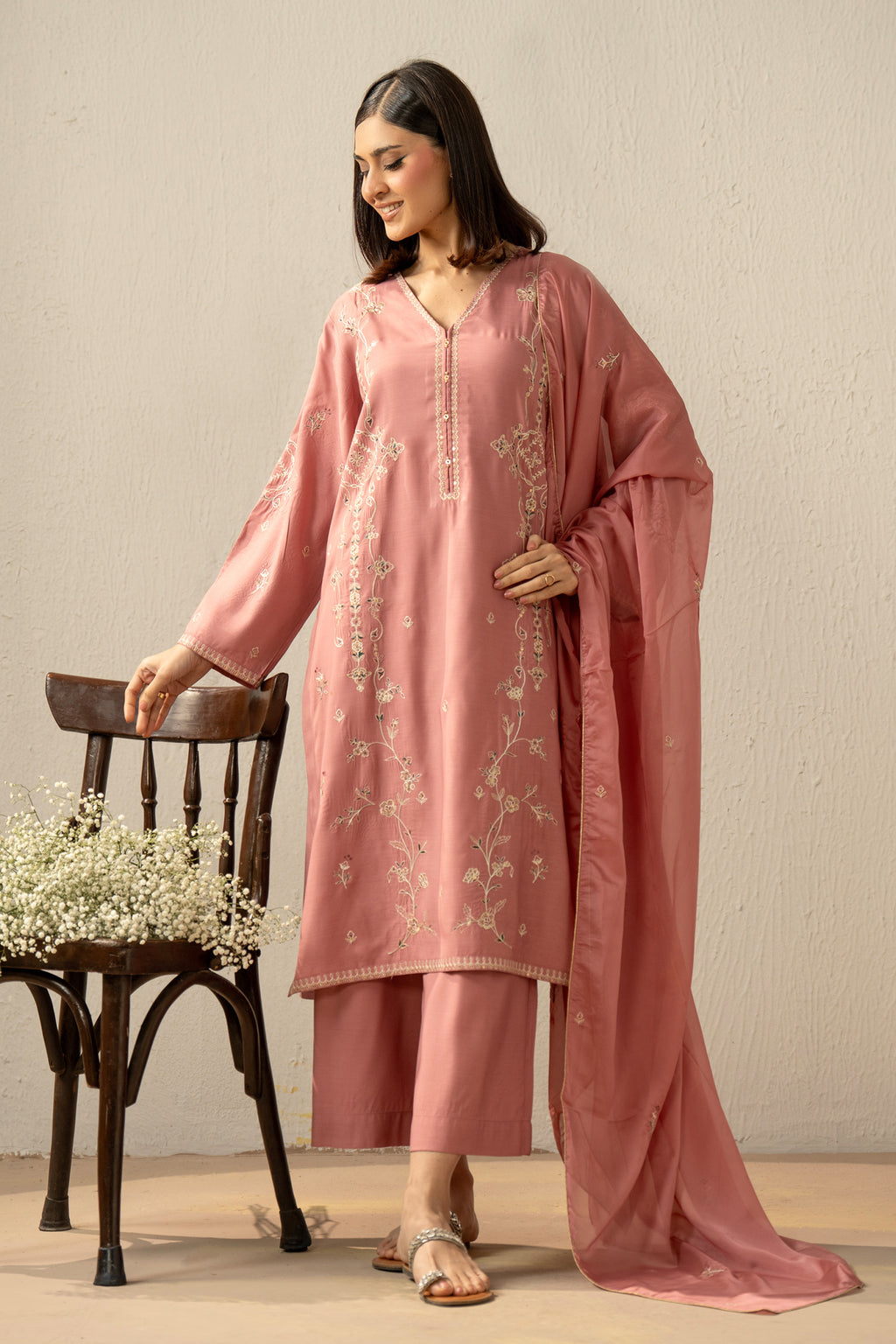 EMBROIDERED RAW SILK STITCHED 3 PIECE SUIT