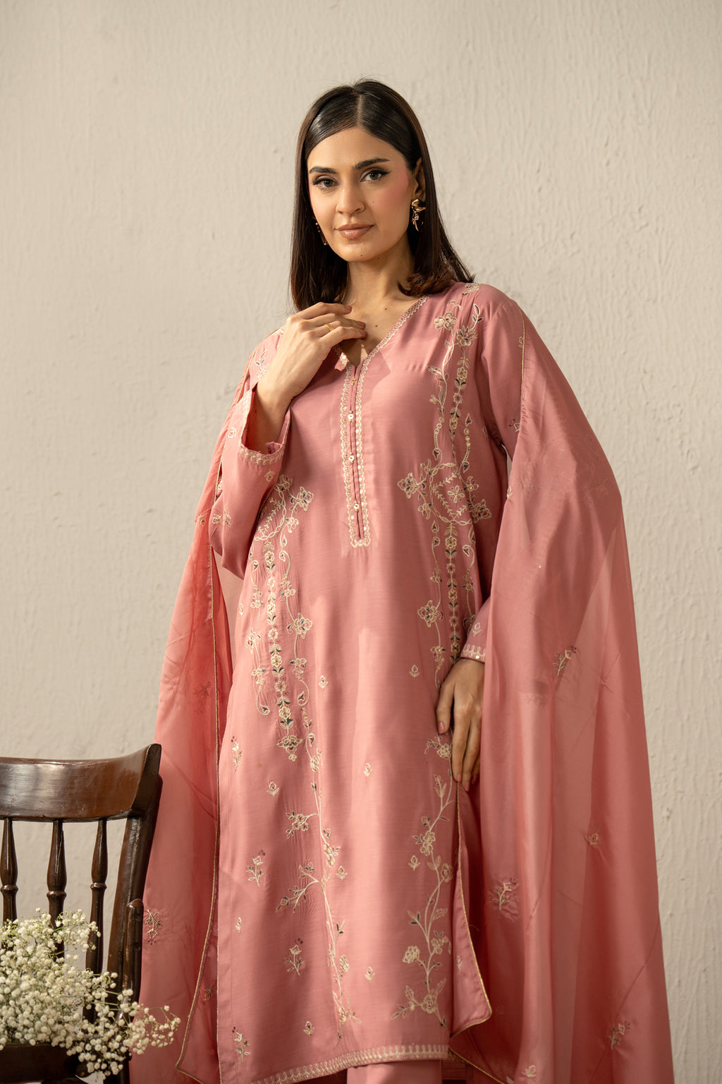 EMBROIDERED RAW SILK STITCHED 3 PIECE SUIT