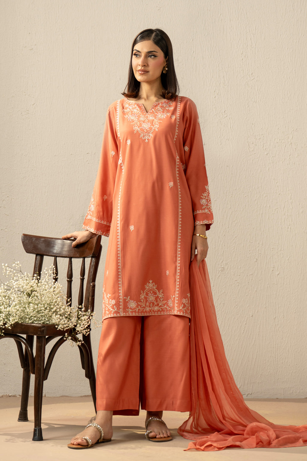 EMBROIDERED RAW SILK STITCHED 3 PIECE SUIT