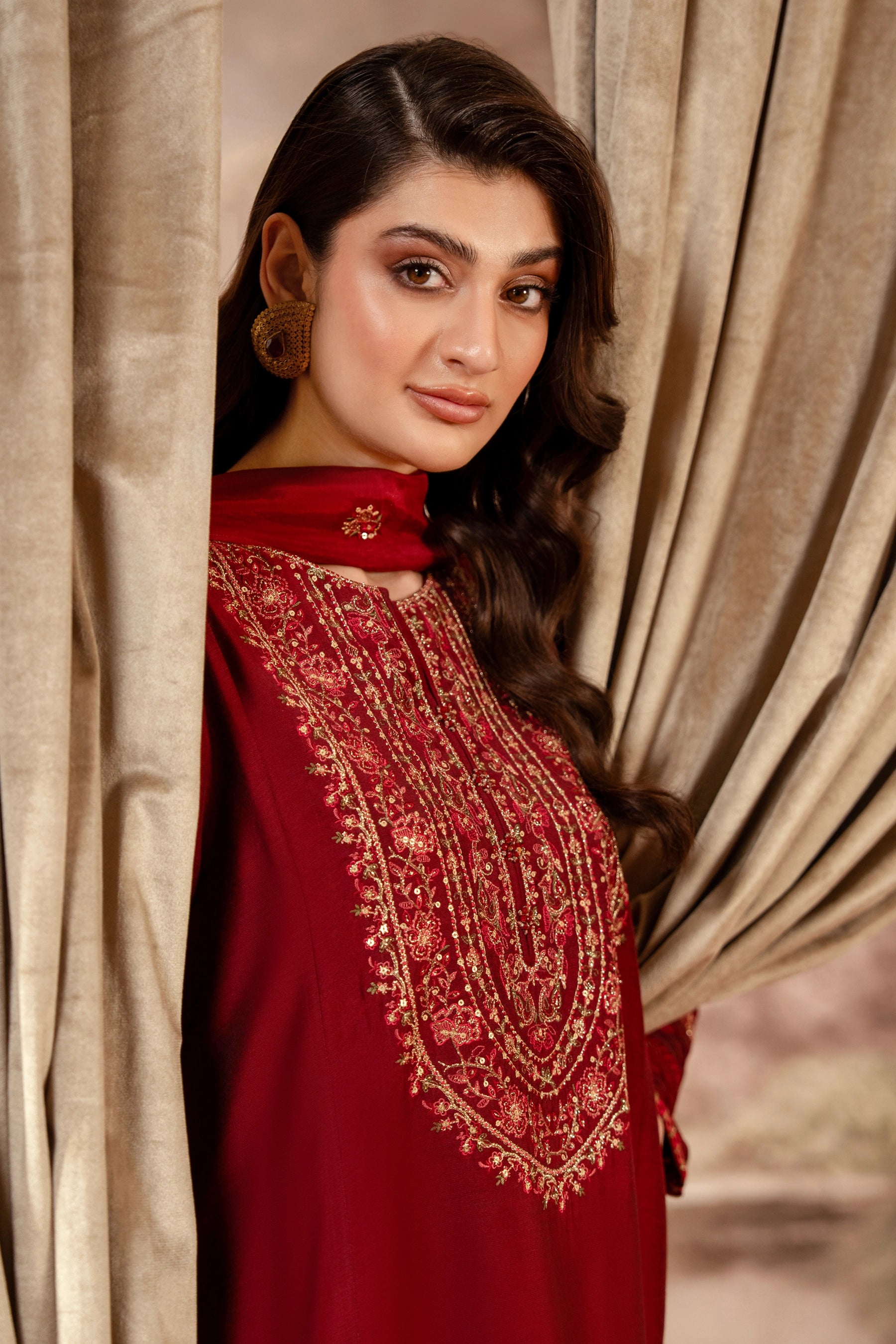EMBROIDERED COTTON SILK STITCHED 3 PIECE SUIT
