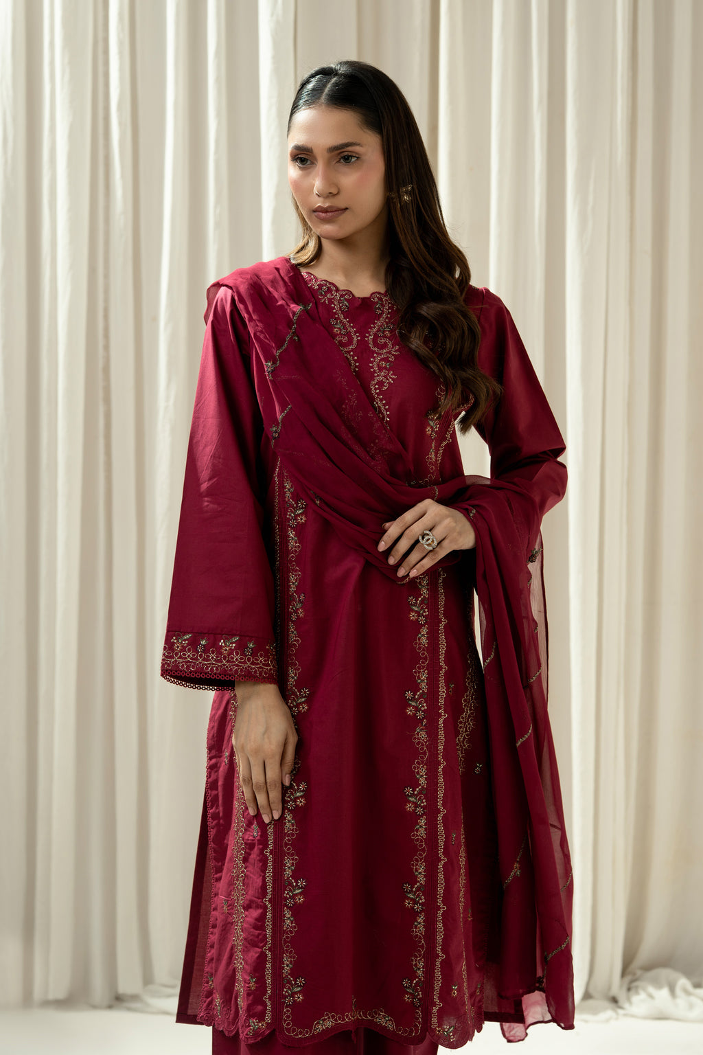 EMBROIDERED CAMBRIC STITCHED 3 PIECE SUIT