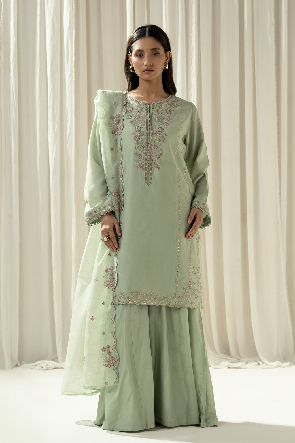 EMBROIDERED COTTON SILK STITCHED 3 PIECE SUIT