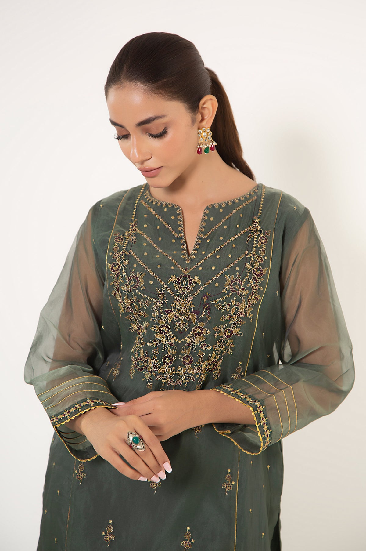 Stitched 1 Piece Embroidered Organza Shirt