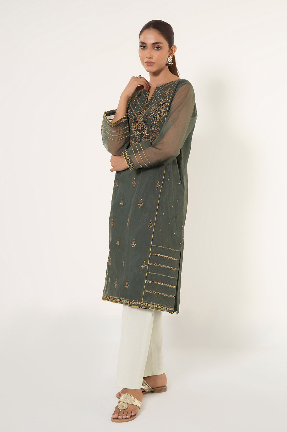Stitched 1 Piece Embroidered Organza Shirt