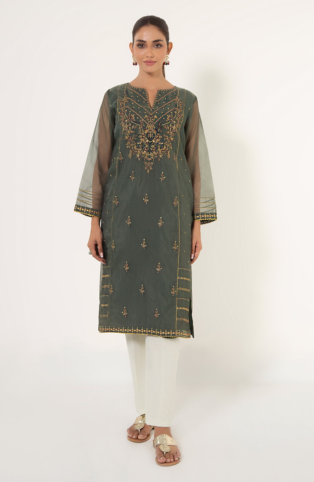 Stitched 1 Piece Embroidered Organza Shirt