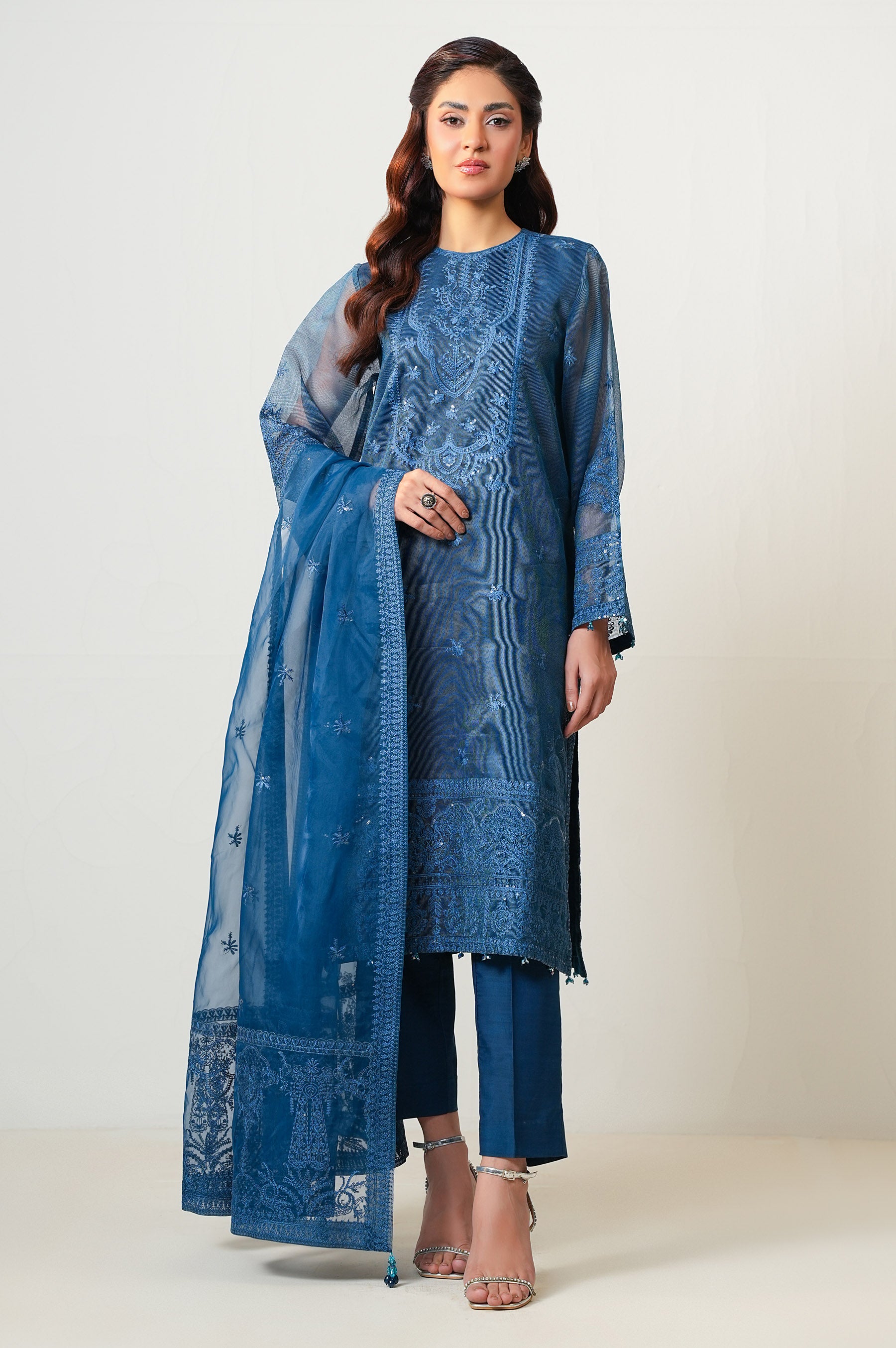 EMBROIDERED ORGANZA STITCHED 3 PIECE SUIT