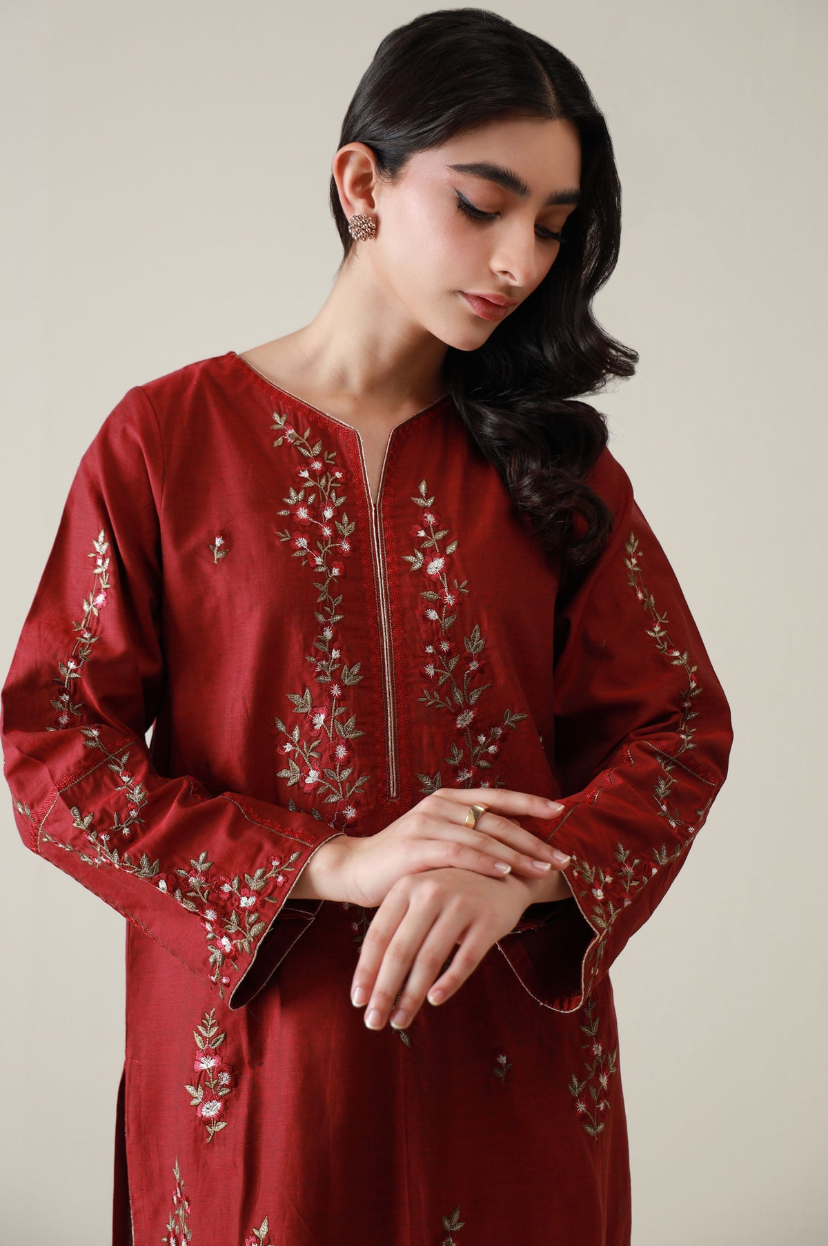 Stitched 2 Piece Embroidered Cotton Silk Suit