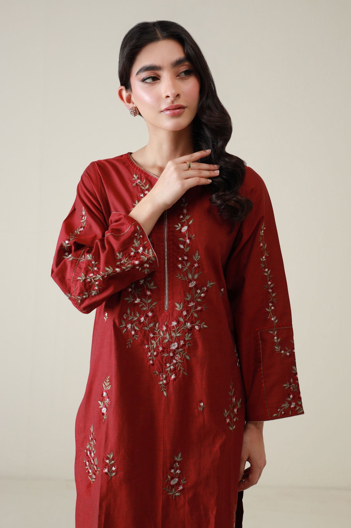 Stitched 2 Piece Embroidered Cotton Silk Suit
