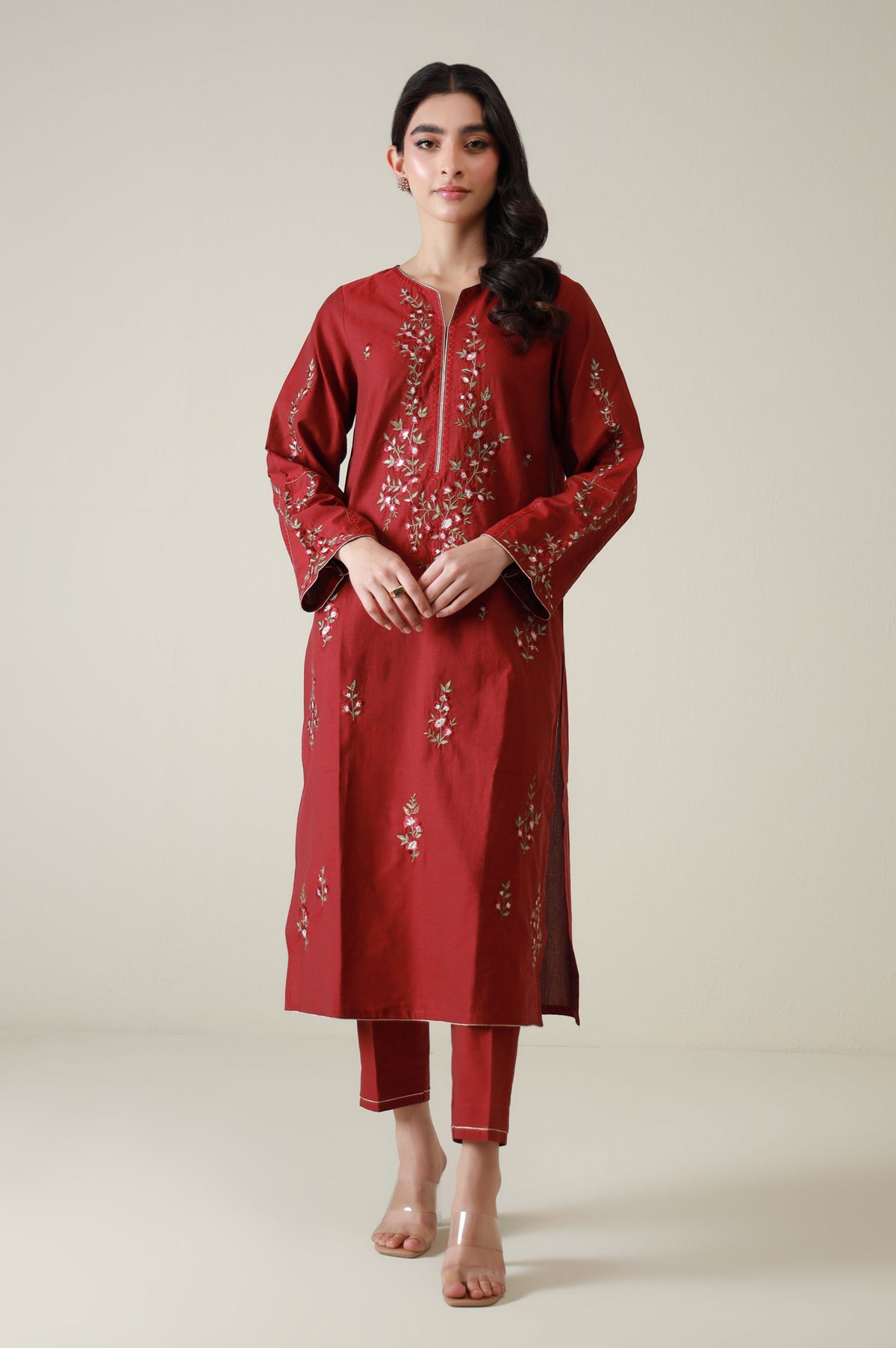 Stitched 2 Piece Embroidered Cotton Silk Suit