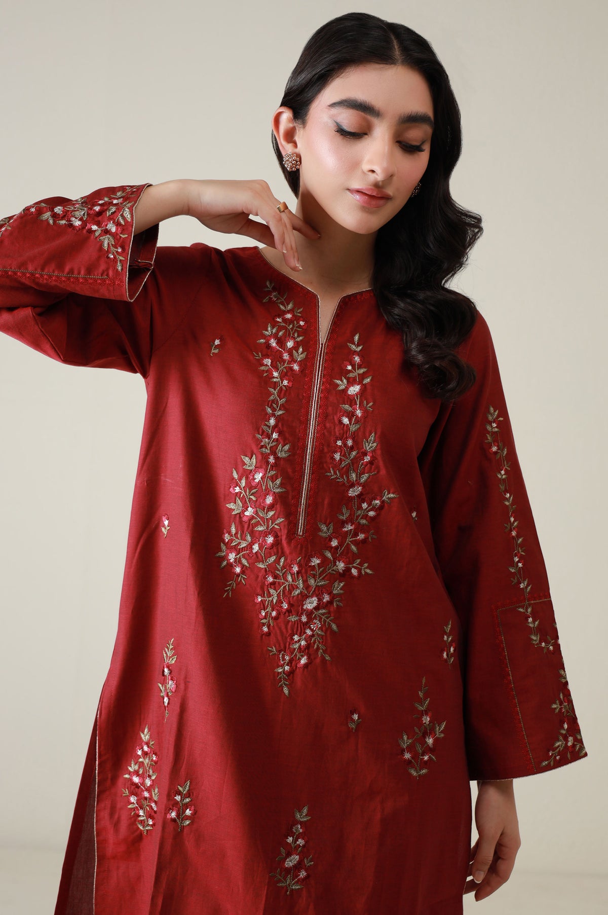 Stitched 2 Piece Embroidered Cotton Silk Suit