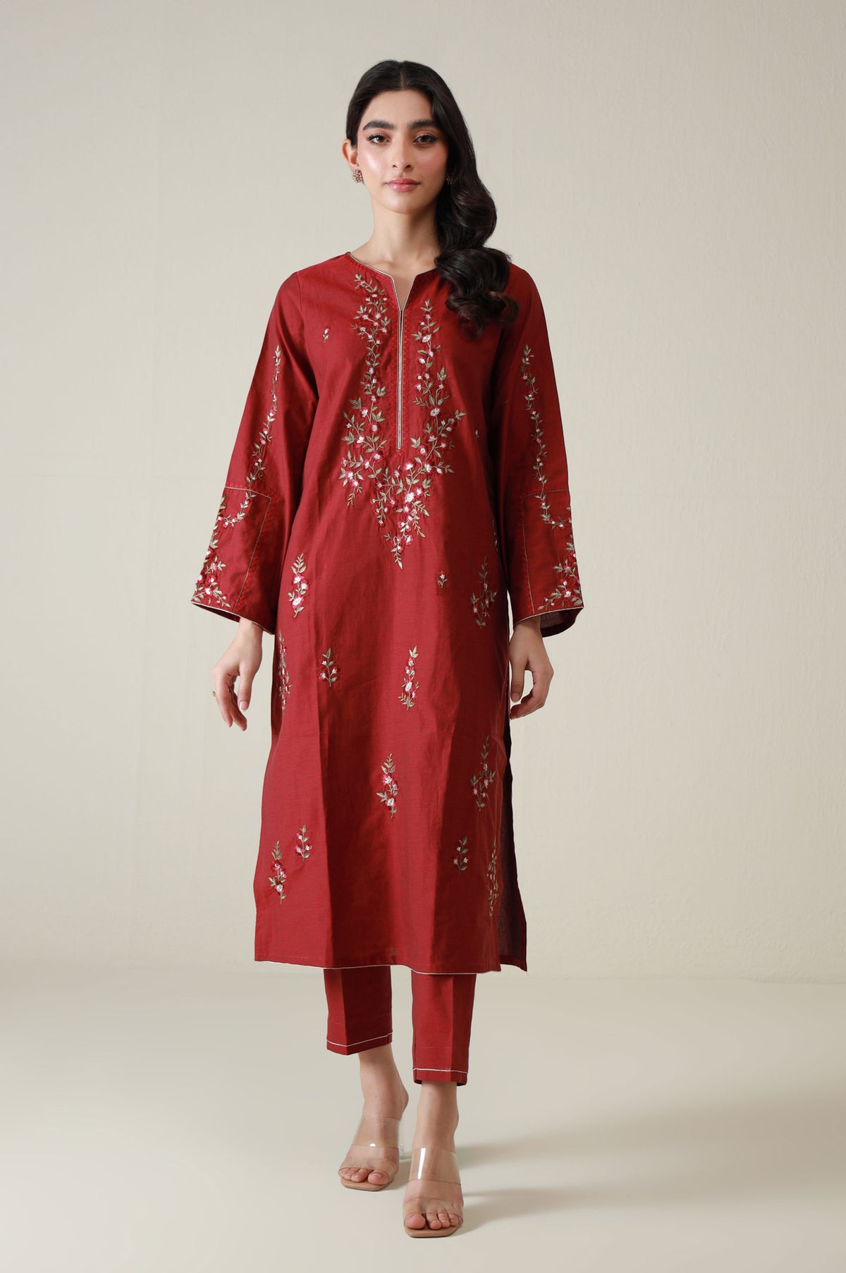 Stitched 2 Piece Embroidered Cotton Silk Suit