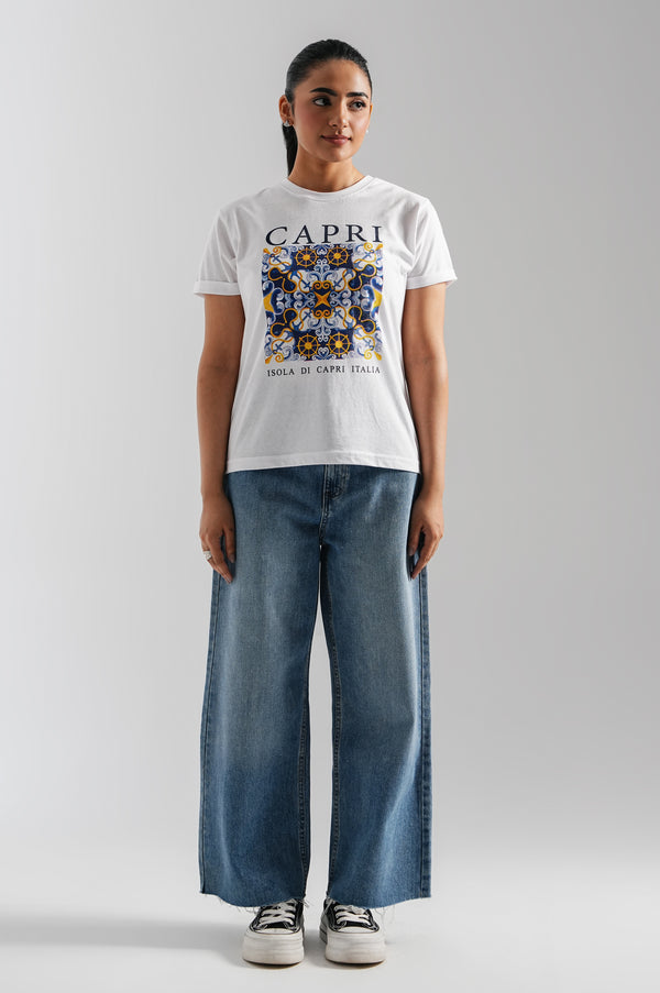 Printed Round Neck Tee - White