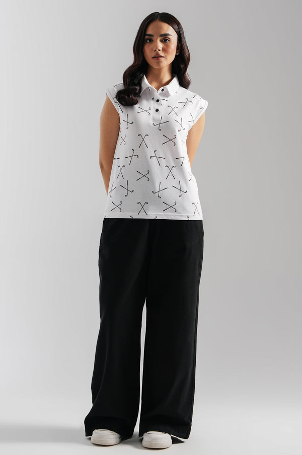 Sleeveless Pique Polo Collar Top - White
