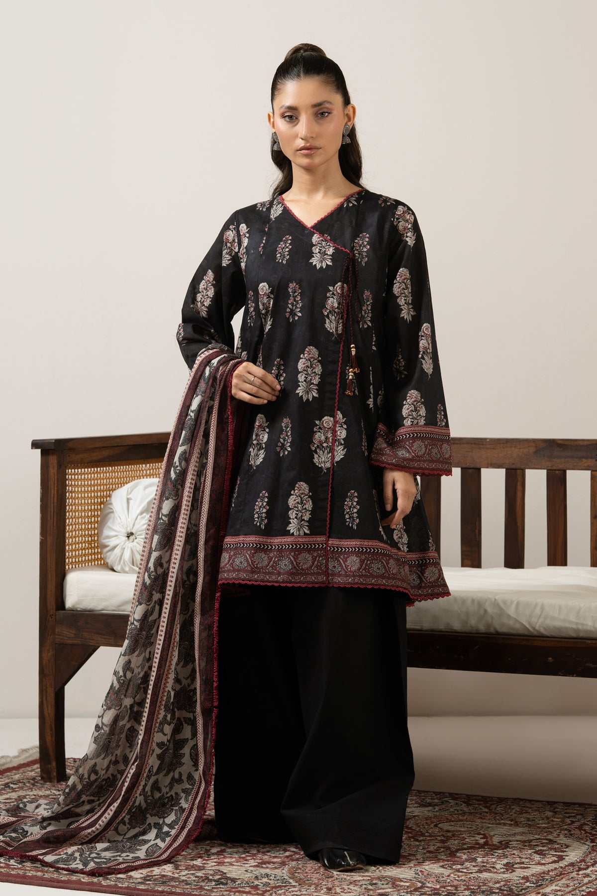 Classical black unstitched printed lawn 3-piece traditional attire with vibrant contrast design accents