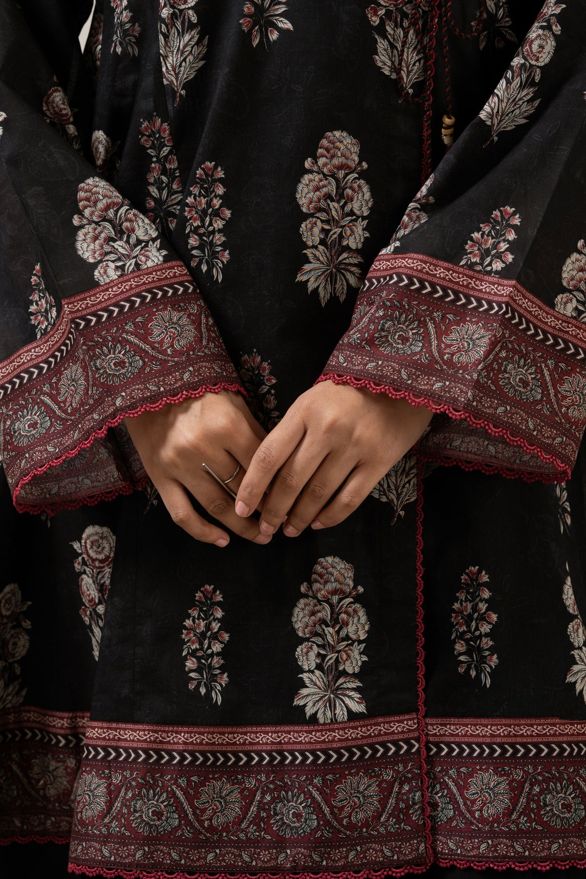 Classical black unstitched printed lawn 3-piece traditional attire with vibrant contrast design accents