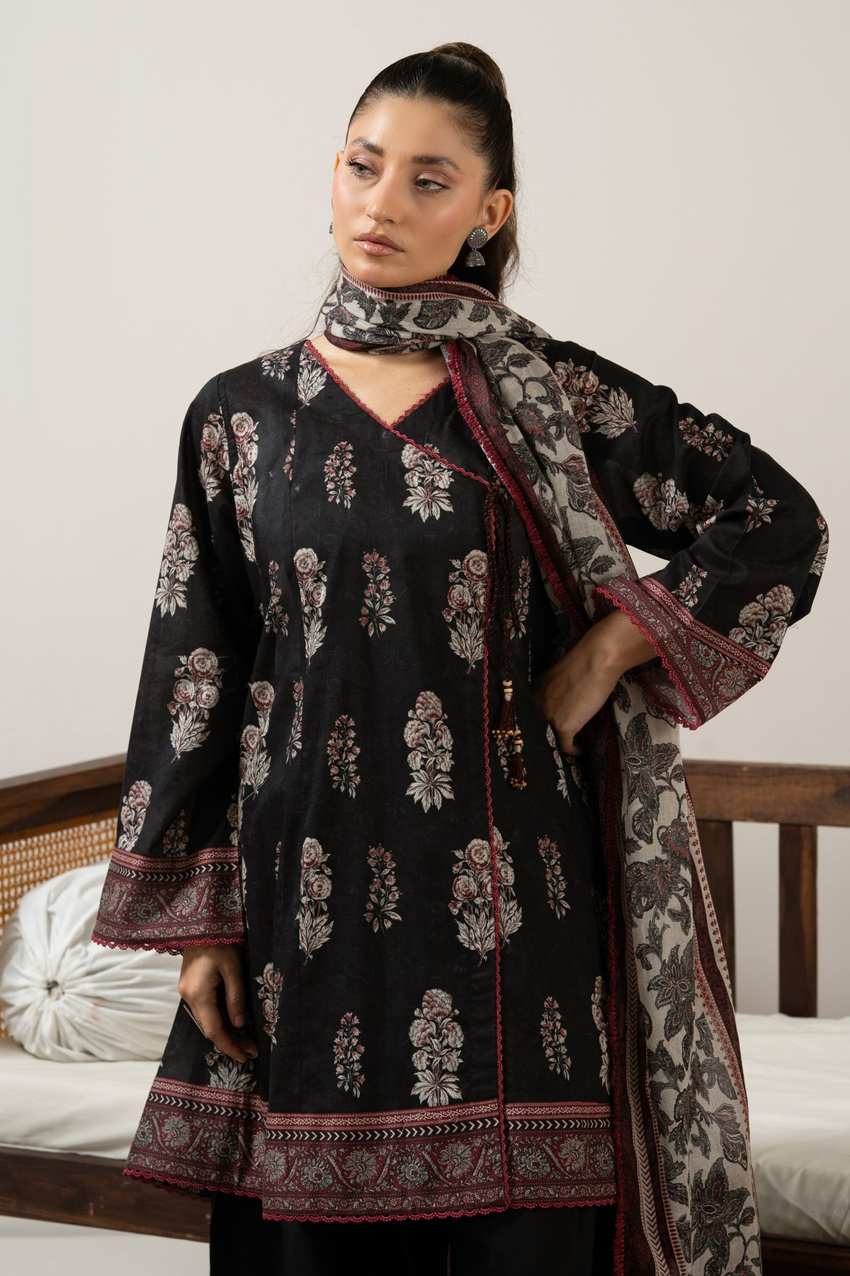 Classical black unstitched printed lawn 3-piece traditional attire with vibrant contrast design accents