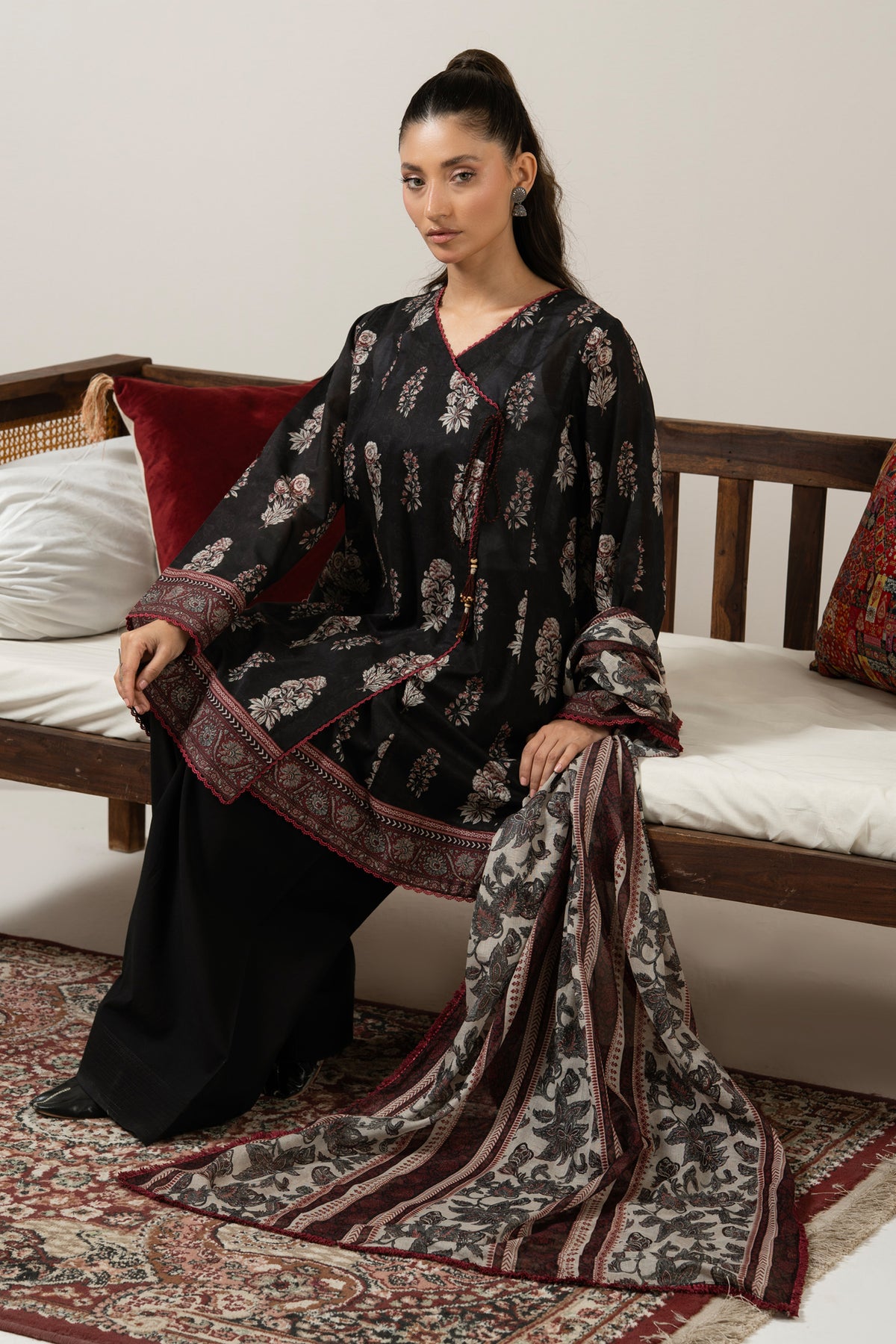 Classical black unstitched printed lawn 3-piece traditional attire with vibrant contrast design accents
